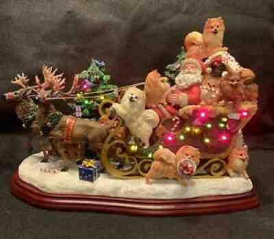 Danbury Mint Pomeranian Dog Christmas Sleigh With Santa & Deer Lighted Figure