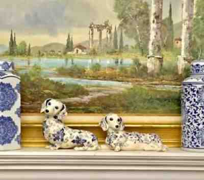 Dog Pair Dash Vintage Blue & White Porcelain Dog , Beautiful Rare Danbury Mint