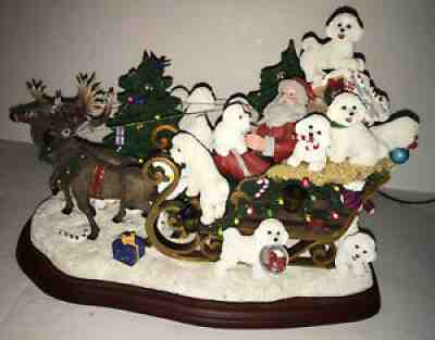 RARE Danbury Lighted BICHON FRISE Porcelain Christmas Sleigh With Santa & Dogs