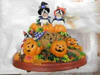 Danbury Mint Pumpkin Patch Boston Terrier Dogs ~Halloween figurine lights up NIB