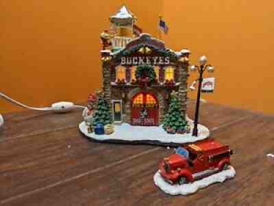 Danbury Mint Ohio State Buckeyes Firehouse Fire Station truck Christmas Village