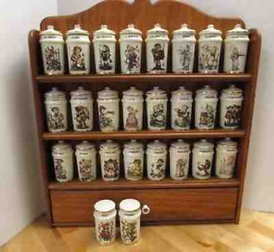 M.J. HUMMEL SPICE JAR SET DANBURY MINT 1987 24 SPICES, S&P SHAKERS & WOOD RACK+