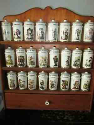VINTAGE MJ HUMMEL PORCELAIN SPICE JARS 1987 DANBURY MINT 24 JARS W/ WOODEN RACK