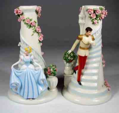 Danbury Mint: Pair of Porcelain Cinderella Candlesticks, Cinderella & Prince
