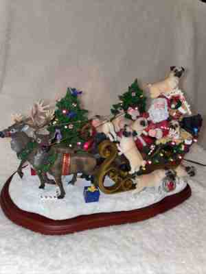 Rare! Danbury Mint Pugs Dog Christmas Sleigh With Santa & Deer Lighted Figure
