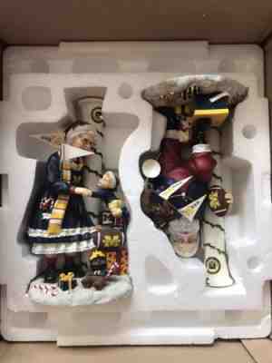 Danbury Mint Michigan Wolverines Candlestick Holders Santa + Mrs Clause Set Rare