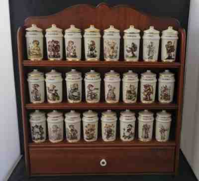 VINTAGE MJ HUMMEL PORCELAIN SPICE JARS 1987 DANBURY MINT 24 JARS W/ WOODEN RACK