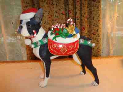 WONDERFUL DANBURY MINT LARGE BOSTON TERRIER CHRISTMAS STATUE w/CANDY CANES