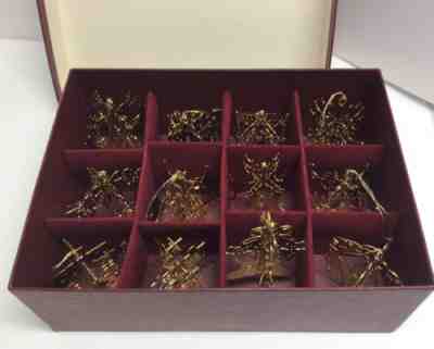 12 pc Danbury Mint 1981 1982 Gold Christmas Ornament Collection Original Box 3d