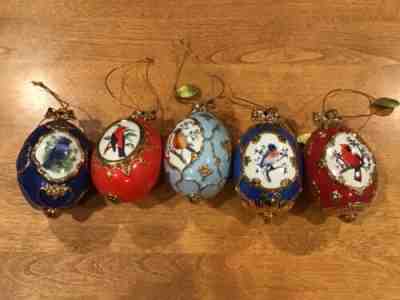 DANBURY MINT BIRDS OF SPLENDOR SET OF FIVE JEWELED EGG SHAPED PORCELAIN ORNAMEN