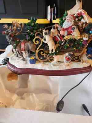 Rare! Danbury Mint Pugs Dog Christmas Sleigh With Santa & Deer Lighted Figure