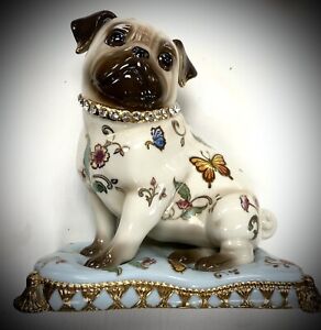Danbury Mint Jeweled Princess Pug Large Porcelain PUG FIGURINE jewel collar