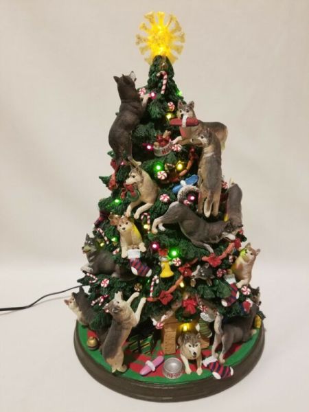 Danbury Mint Siberian Husky Dog Christmas Tree Lighted Figurine VERY RARE