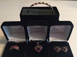 SALE Danbury Mint 925 Gold Vermeil Rubies Pendant Earrings Ring Bracelet Set