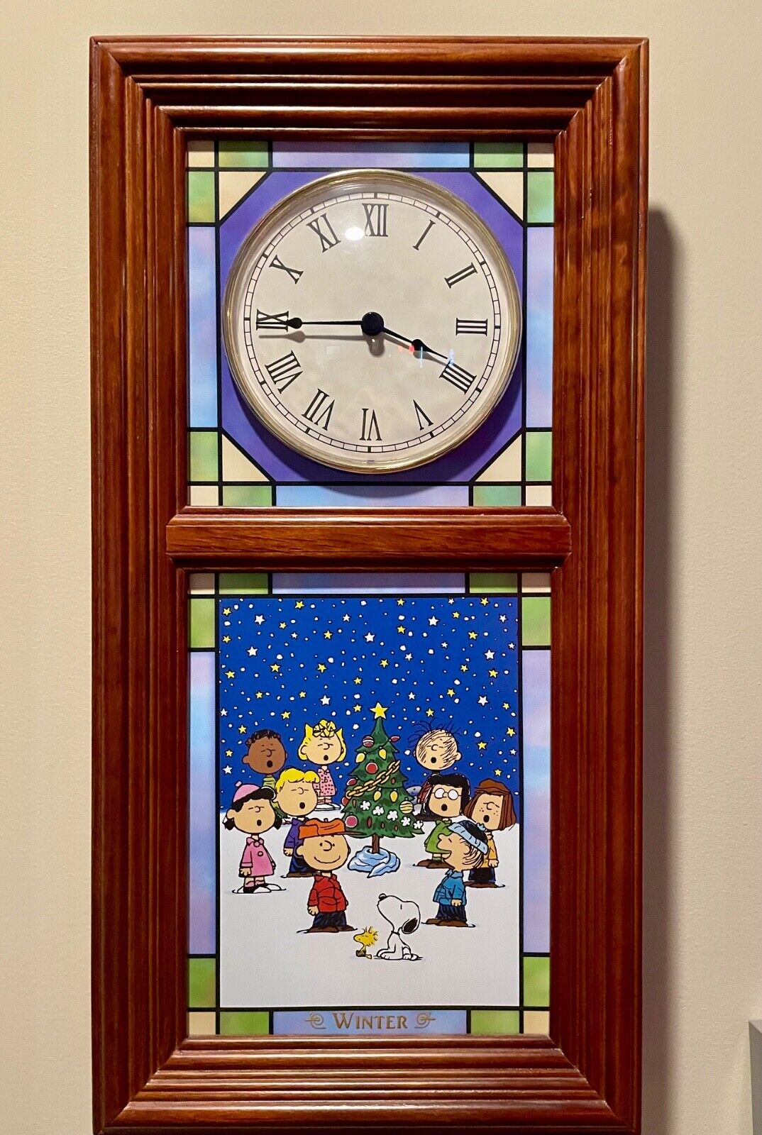 Danbury Mint Lighted Snoopy Stained Glass Wall Clock - Comes With All 4 Seasons
