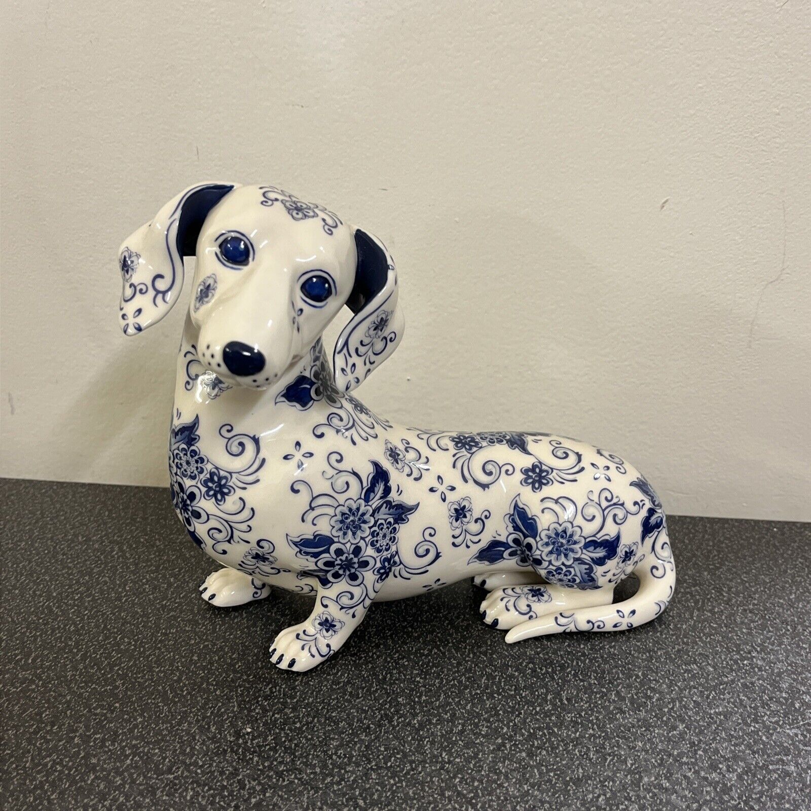 Danbury Mint Elegant Companion Blue Delft Dachshund Figurine Statue