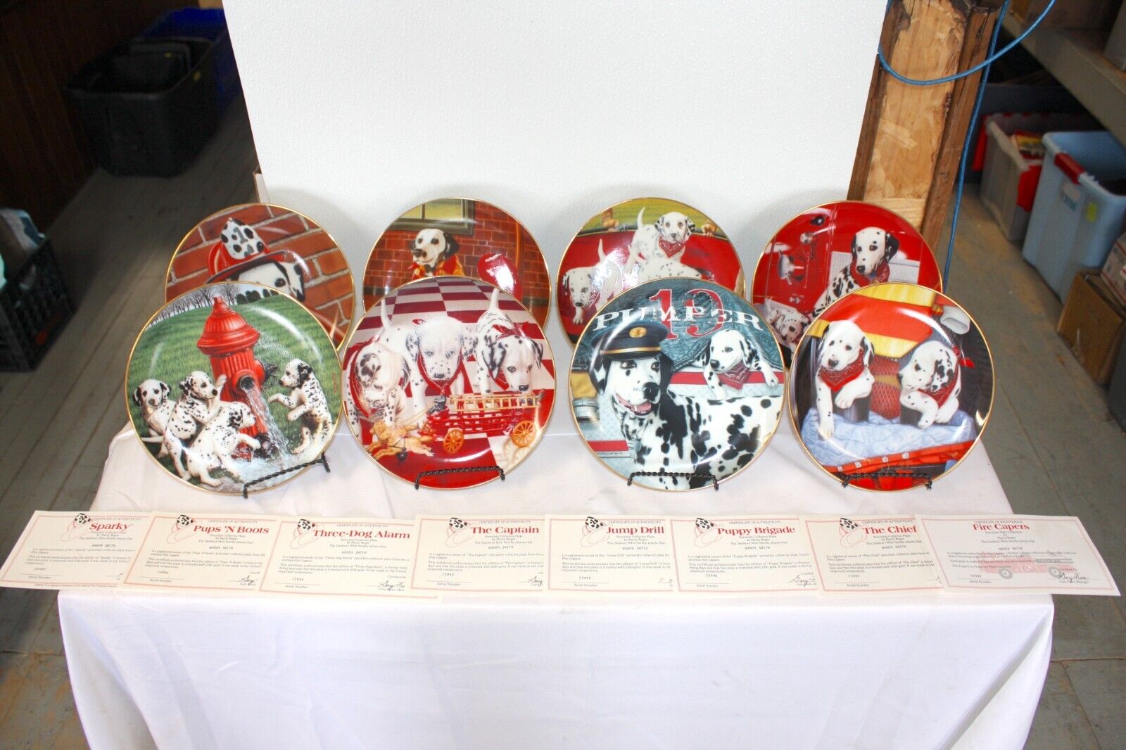 Danbury Mint Fire Capers Full Set 8 Dalmatian Decorative Plates W/ Stands & COA