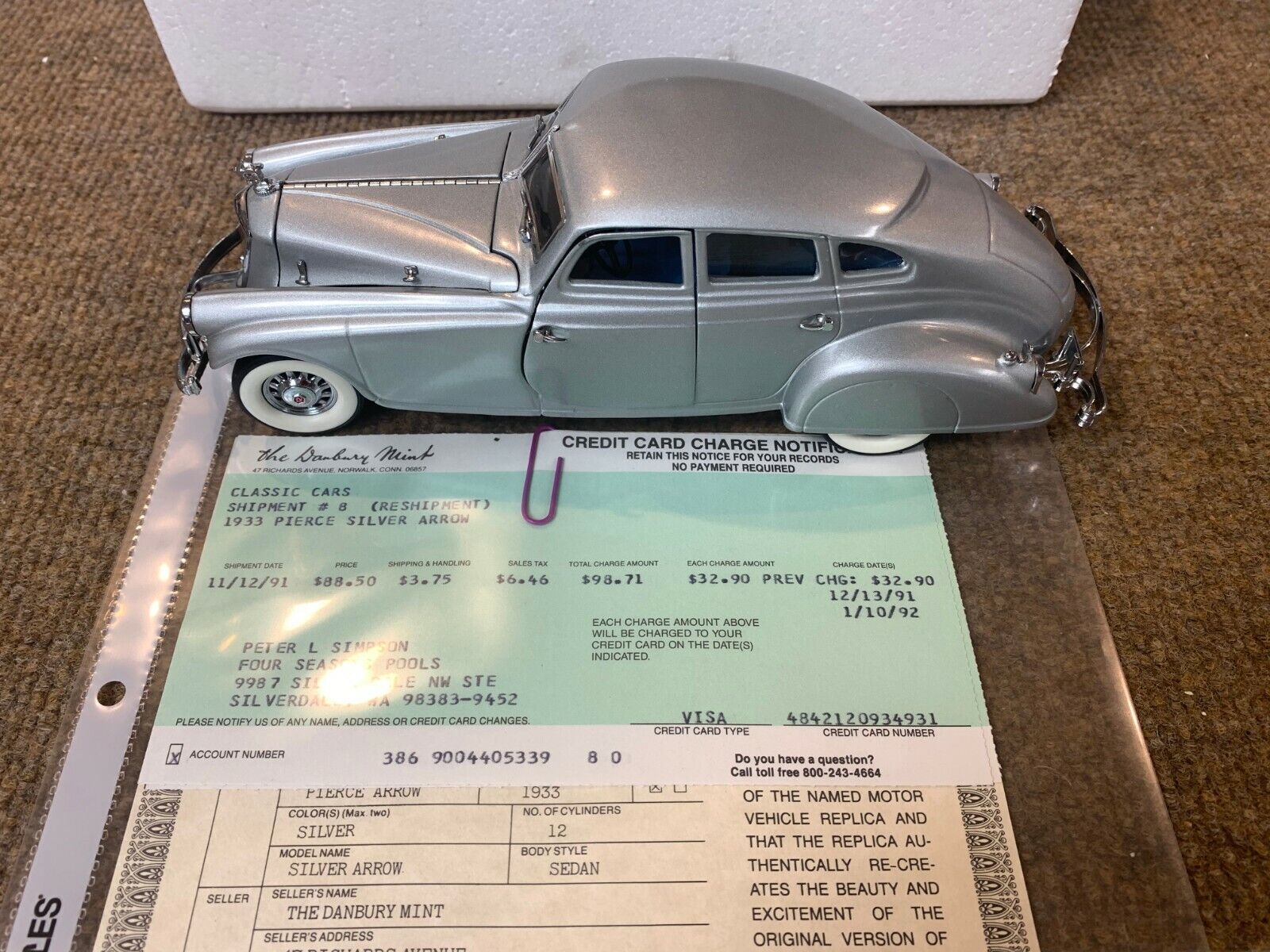Danbury Mint 1:24 1933 Pierce "Silver Arrow"  W/ Orig. Info.