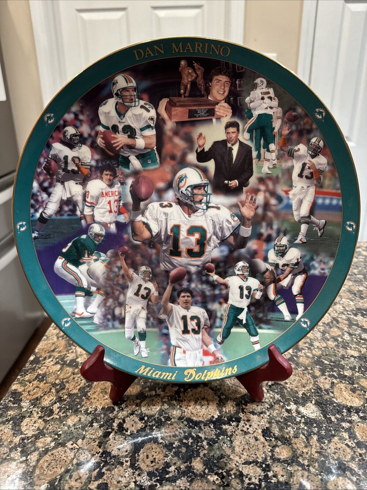 Vtg Miami Dolphins Dan Marino in Jersey Danbury Mint Commemorative Plate & Stand