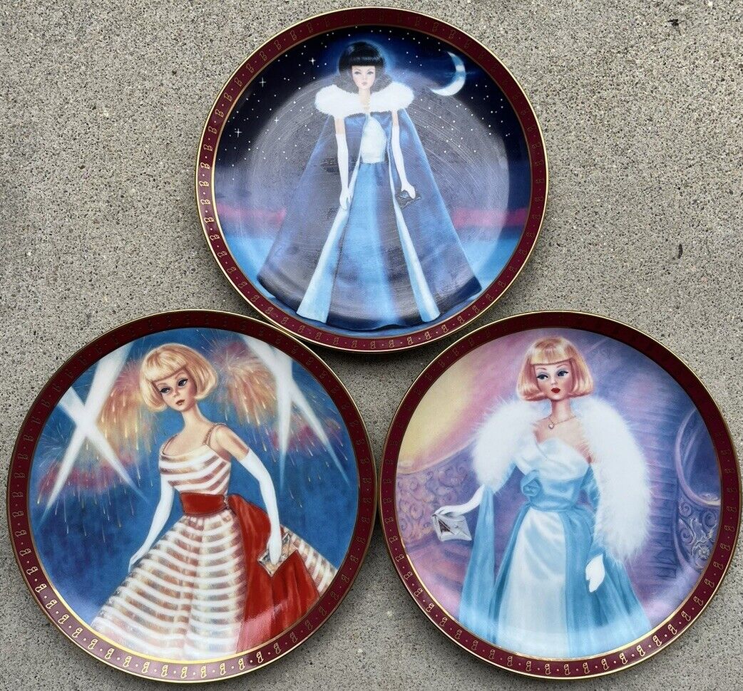(3) 1965 Barbie Holiday Dance High Fashion Barbie, Danbury Mint Plate 1990 Doll