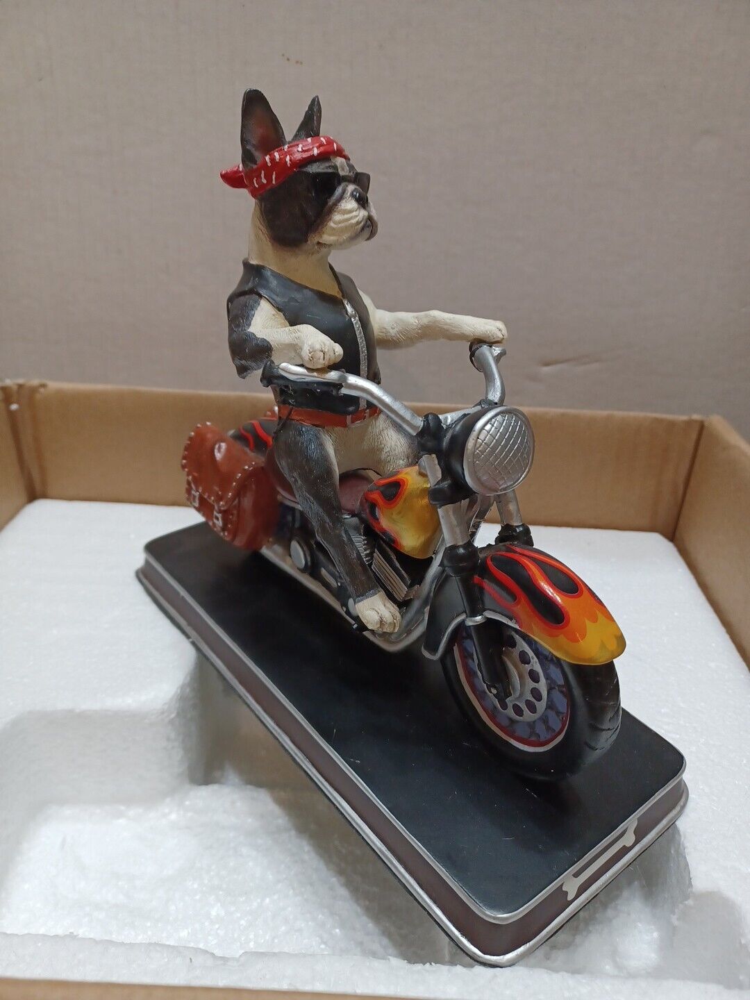 Danbury Mint Bad To The Bone Boston Terrier on Flaming Motorcycle RARE NIB