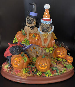 Danbury Mint PUMPKIN PATCH PUGS Light-Up Figurine Halloween Fall, Mint Condition