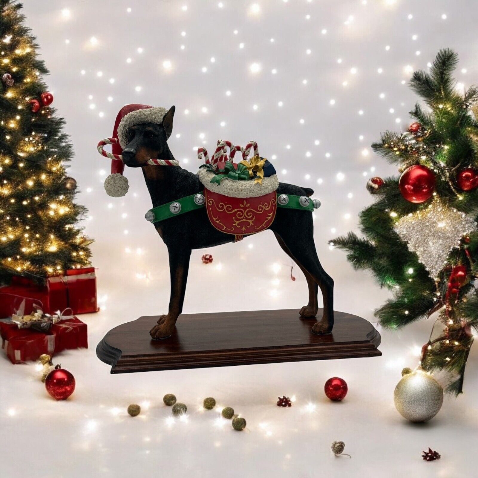 Rare Danbury Mint Christmas Doberman Statue - Dog With Candy Canes