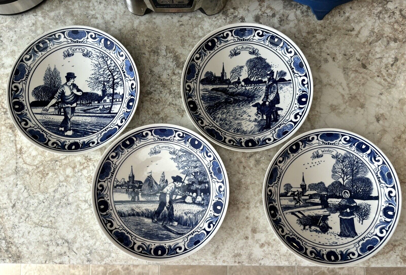 Vintage Delft Royal Schoonhoven 4 Seasons Plates - Hand-Made In Holland RARE