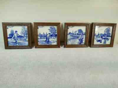(Set of 4) Authentic DUTCH BLUE DELFT 5 7/8" Square Ceramic TILES FOUR SEASONS