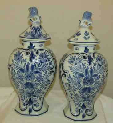 Set of 2 ROYAL DELFT Cabinet Pair Lidded Vase  Ginger Jar Apothocary W/ Finial 