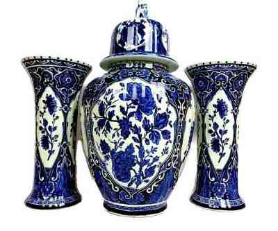 Vintage Delft Boch Royal Sphinx Ginger Jar Urn with Vases, Large Cabinet Set