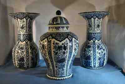 Pristine Vintage BOCH Royal Sphinx Delfts 13 1/4" URN - 2 Lg Floral Vases Scallo