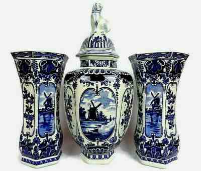 Delft Boch Royal Sphinx Holland Ginger Jar Urn with Vases, Large Cabinet Set