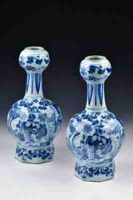  Pair of 17th Century Delft Pottery Garlic Top Vases  chinese scenes signed G K 