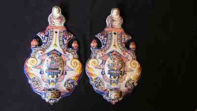 A Magnificent Pair Of Old Delft Wall Sconces