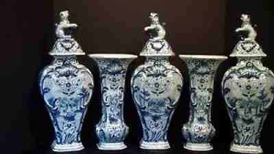 A Large 1700's Dutch Delft Five Piece Garniture Set