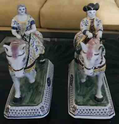 Pair Dutch 18C Royalty Figures on Stepping Horses Marked TH Antoni Ter Humpelin