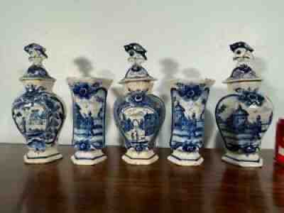 1700's Antique Delft Tin Glazed Faience Cabinet Set/Garniture: 5 Vases & Jars