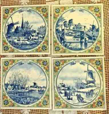 SET OF 4 FOUR SEASONS PLATEELBAKKERIJ SCHOONHOVEN DELFT POLY TILES HOLLAND
