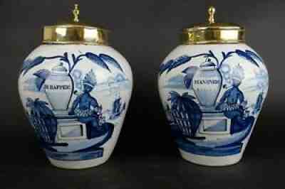 Amazing 18thC Antique blue Dutch Delft Tobacco Jars VOC B Rappee & Hanover 32 cm