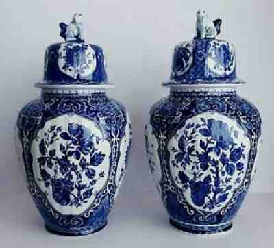 DELFT CABINET SET OF VASES - FOO DOG GINGER JARS - by BOCH ROYAL SPHINX HOLLAND