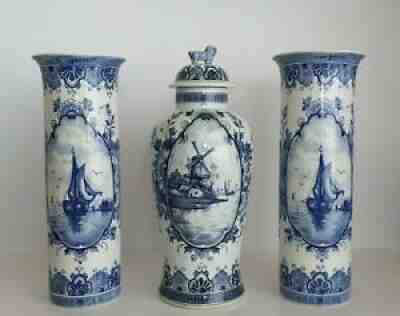 DELFT CABINET SET OF 3 VASES 12.2 INCHES - SAILBOAT WINDMILL DECOR