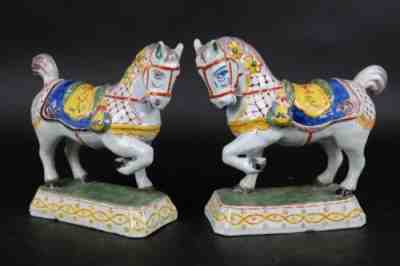 Wonderful pair Dutch Delft Polychrome Horses, 18thC. 23x20.5 cm/ 9.2x8.2inch