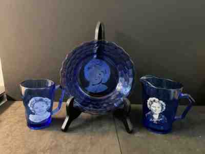 Vintage 1930's Hazel Atlas Blue Cobalt Depression Glass Shirley Temple Set of 3