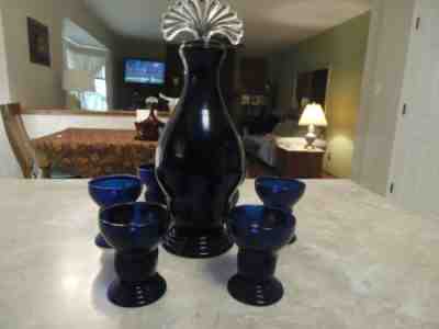 Moondrops Cobalt 10 1/2 Decanter plus 6 Shots Depression Glass