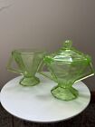 Cracked Ice Green Uranium Depression Glass Creamer And Lidded Sugar, Handled