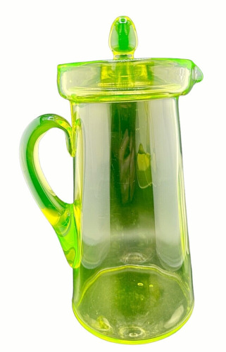 ANTIQUE LIBERTY GLASS WORKS URANIUM GLASS PITCHER WITH LID C. 1920'S - VERY RARE