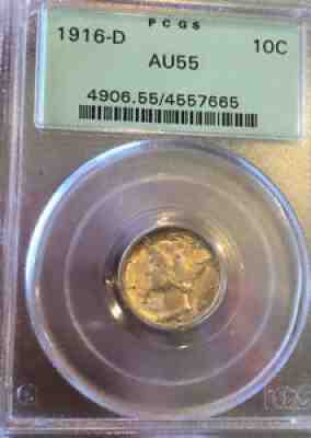 1916-D Mercury Dime PCGS AU55 OGH - Key Date GEM