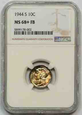 1944-S NGC MS-68+ FB MERCURY DIME! BEAUTIFUL RAINBOW COLORS! FINEST COIN POP 1