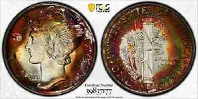 1936 Mercury Dime PCGS MS68+FB CAC Neon Purple and Rainbow Toning Top Pop 5/0